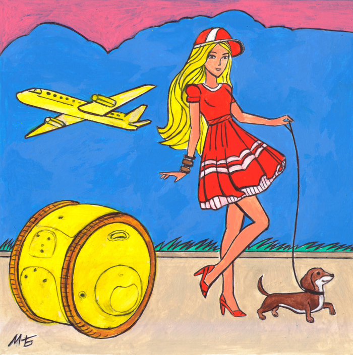 Иллюстрация для детского журнала "А почему?".Рубрика"Со всего света".Иллюстрация с расчётом на уменьшение.Тема:Роботизированная доставка багажа.Техника: Бумага, акрил,гуашь,тушь.    Художник:Марат Брызгалов. 