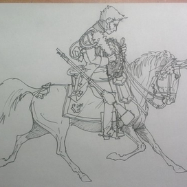 Конный гренадер гвардии перед парадом вставляет перьевой султан в свою медвежью шапку. Эскиз