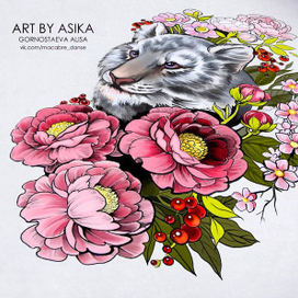 Тигр, пионы, эскиз тату. Tiger, peony, tattoo sketch, tattoo flash