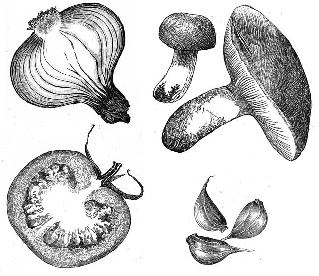 лук, помидор, грибы и чеснок