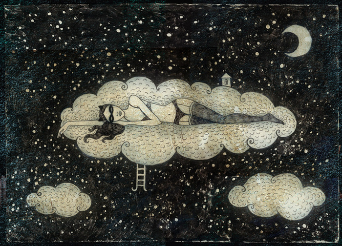 Сексуальная кошка на облаках