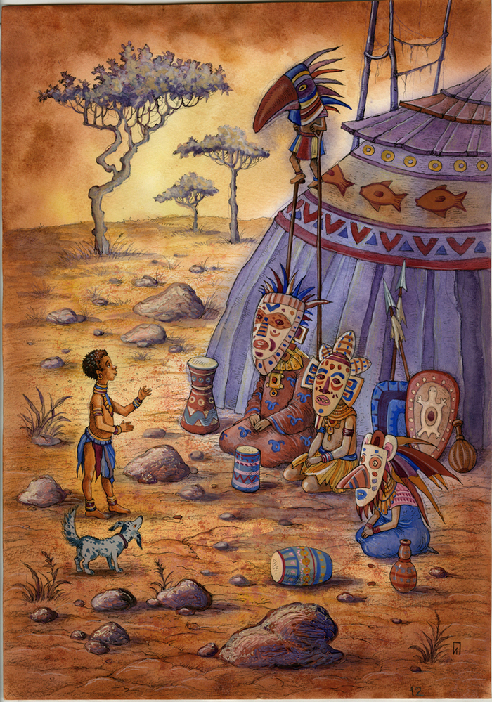 "Африканские сказки" тушь,перо.акварель 2011