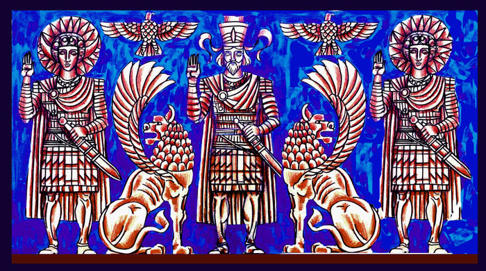 "Боги Пальмиры" эскиз №2, акрил, маркер, бумага. 2016.