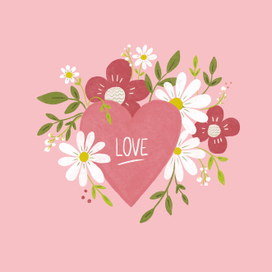 Любовь.Открытка розовая с сердечком в цветах. День Валентина