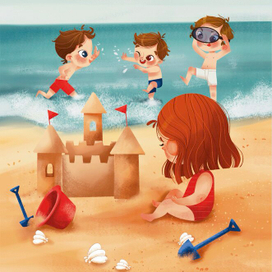 иллюстрация с морем для детской книги пляж песочный замок