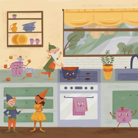 Книжная иллюстрация с эльфами на кухне 