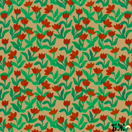 Бесшовный паттерн с красными цветами и яркими зелеными листьями на телесном фоне. Дизайн ткани,обоев,упаковочной бумаги. Интерьерная ткань. Наивный стиль