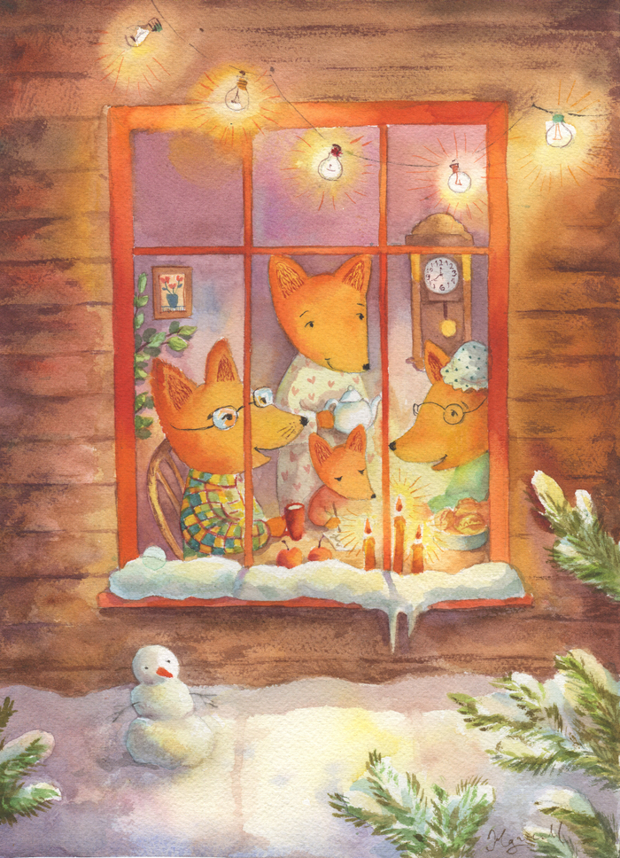 Лисы за окном. Новогодняя акварель