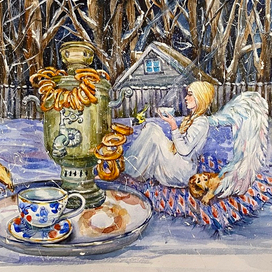 Зимушка пьет чай с самоваром.