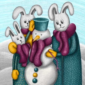 Семья кроликов лепит снеговик