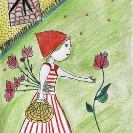 Красная Шапочка собирает цветы на поле
