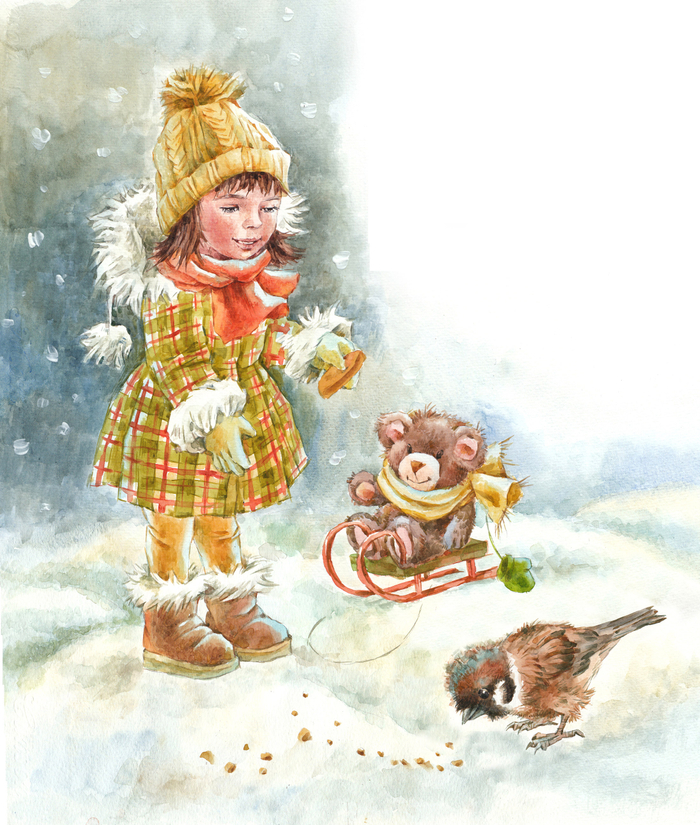 Девочка и воробушек. Иллюстрация к детскому стихотворению.