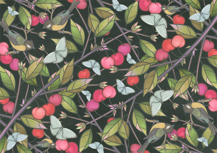 Синички среди веток черешни. Иллюстрация. Цифровая живопись