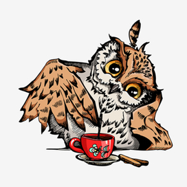 Сова с чашкой кофе