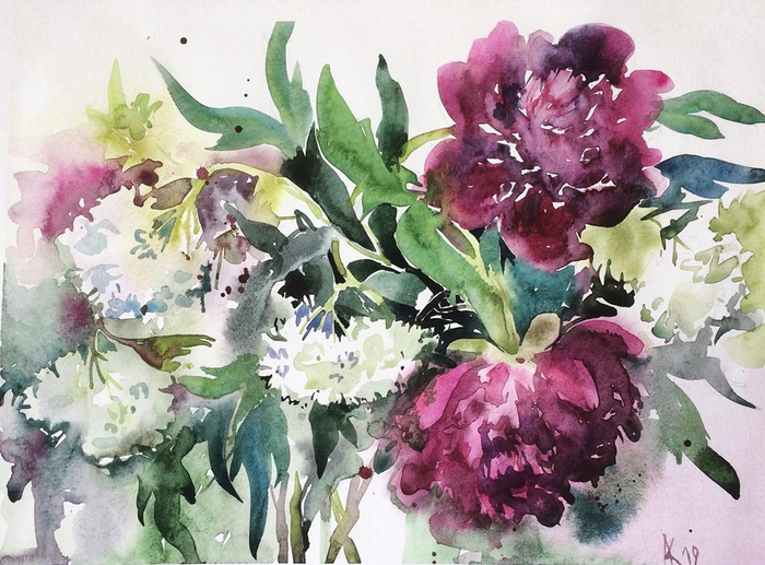 Букет с пионами и калиной 