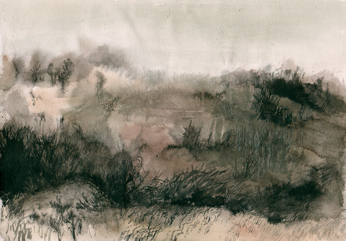 лэндскейп с Ёжиками  пейзаж акварель