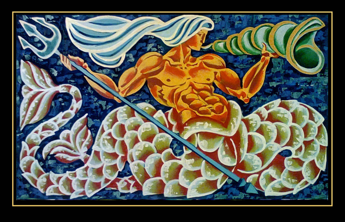 "Тритон" бумага, акрил, 68х39 см, 2016г.  Серия "Мифы и легенды древней Греции". 