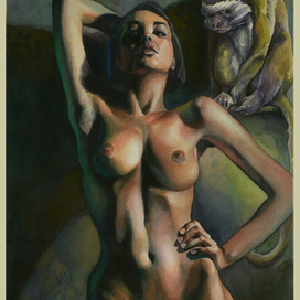 Ню.Девушка с обезьяной. акварель