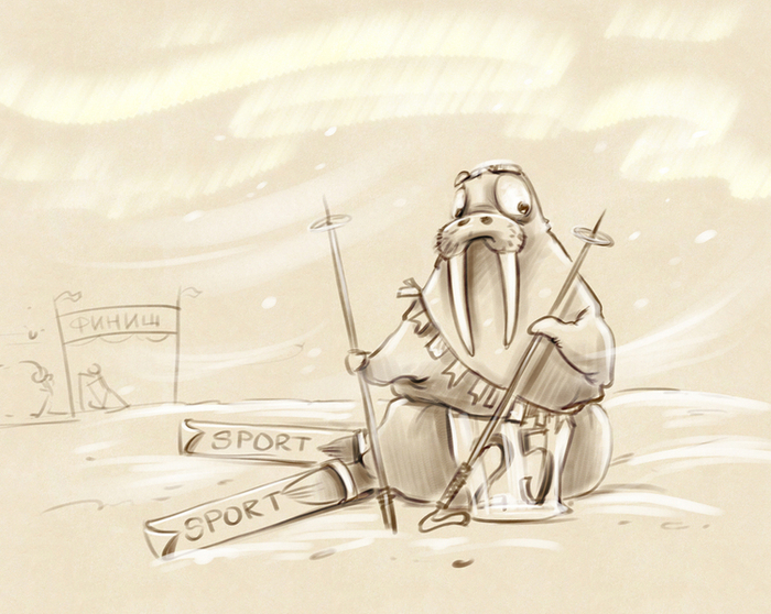 морж, мужского полу, в наряде Тарзана, катание на лыжах, обиженный