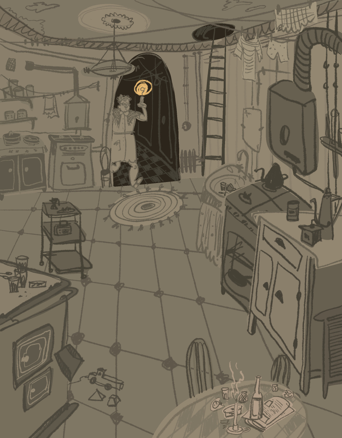 Коммнуальная кухня ночью.