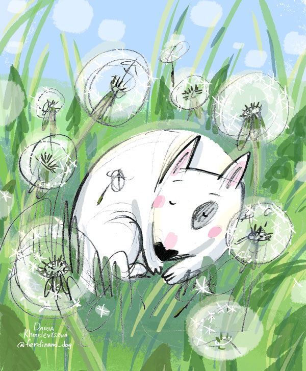 сон бультерьера в одуванчиках