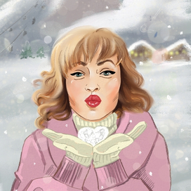 Стилизованный портрет девушки на фоне горнолыжного курорта.