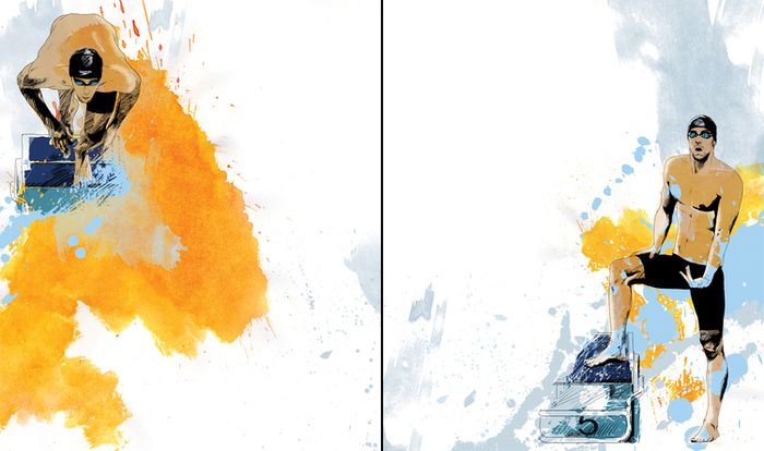 разворот для журнала "Плавание" в статью о Майкле Фелпсе. без текста