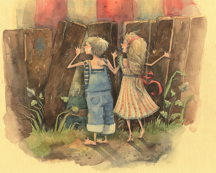 Детки у забора. Полуполосная иллюстрация
