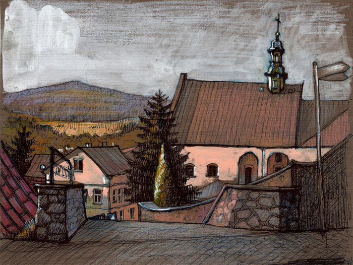 Костёл сестёр Бернардинок в закатных лучах. Хинцины. Польша.