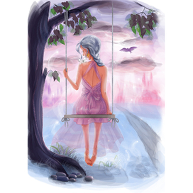 на качели в закате