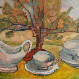 Натюрморт с супницей на фоне пейзажа.