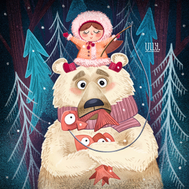 Девочка с белым мишкой на рыбалке