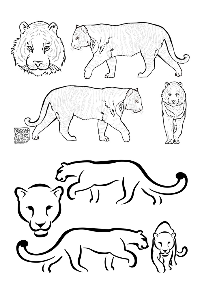 Разукрашка для проведения  детского конкурса на оригинальный дизайн росписи скульптур .Тигр и леопард.