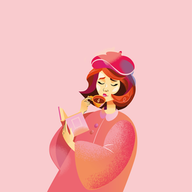 Леди в розовом наслаждается чтением с горячим напитком
