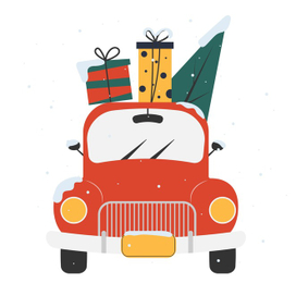 Новогодняя иллюстрация красной машины с подарками и ёлкой.