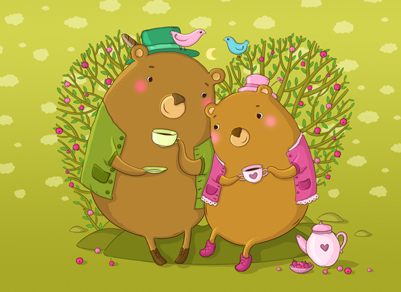 Открытка. Мишки и вишня