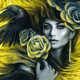 Девушка с вороном и цветами