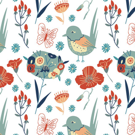 Бесшовный паттерн с цветами и бабочками