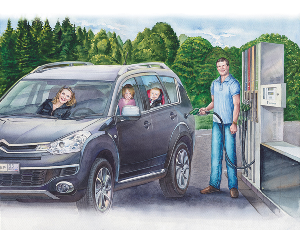 Семья на заправке. Иллюстрация для рекламной полиграфии предприятия. 