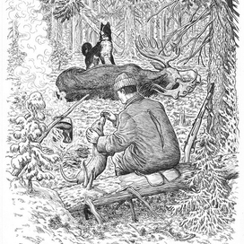 Человек, собаки, лось.