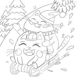 Скетч для новогодней раскраски (довольные котики на санках)