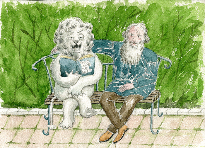 Каменный лев читает Толстому роман "Воскресение"