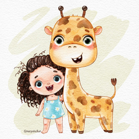 Забавная девочка и жирафик 