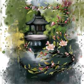 Пейзаж Азия в технике акварель