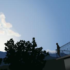 Digital landscape with a young man on the balcony among openwork foliage against a light blue sky