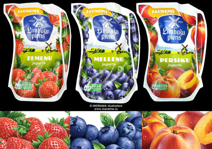 Черника, Персики, Клубника. Иллюстрации для Limbažu piens.