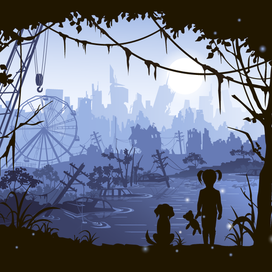 девочка с собакой и разрушенный город