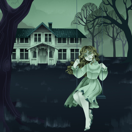 Мрачная иллюстрация с страшным домиком.