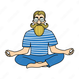Бородатый мужчина в тельняшке медитирует сидя в позе лотоса.