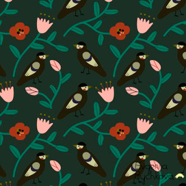 Паттерн с ретро птицами  и растениями на темно-зеленом.